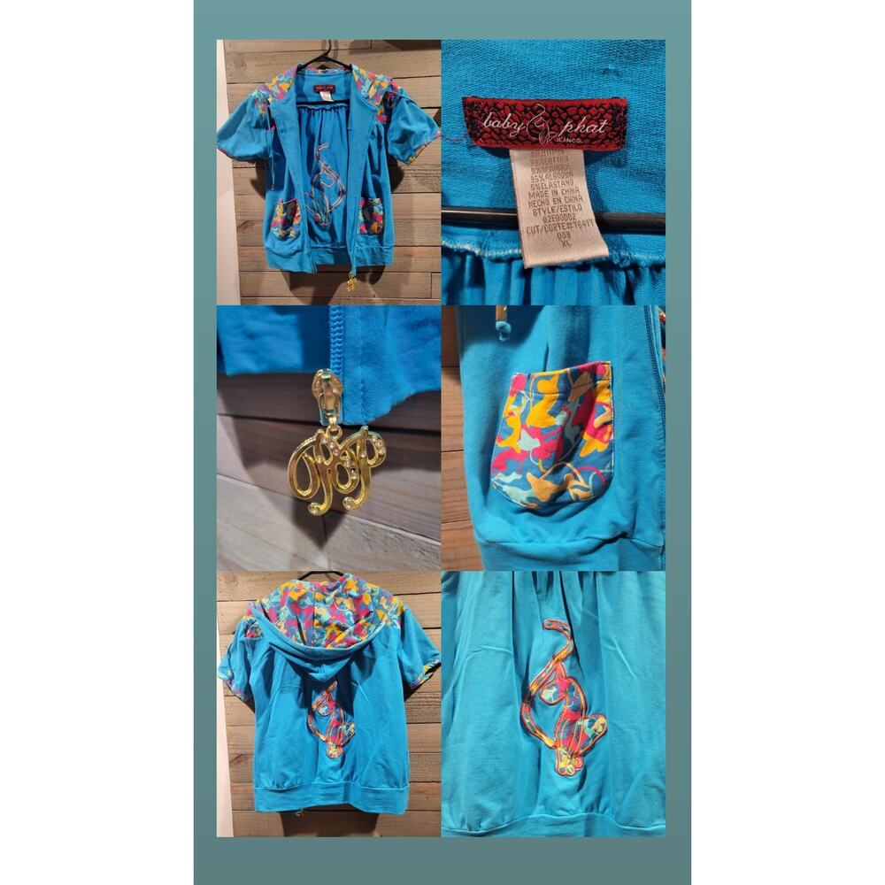 Vintage Baby Phat XL Flowery Blue Short Sleeves Hooded Jacket with POP Zipper - Picture 8 of 8